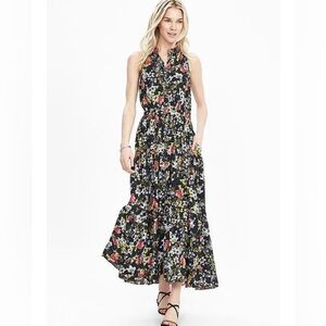 Banana Republic Floral Maxi Tiered Dress size 8 Ruffle Flowy Mesh Overlay